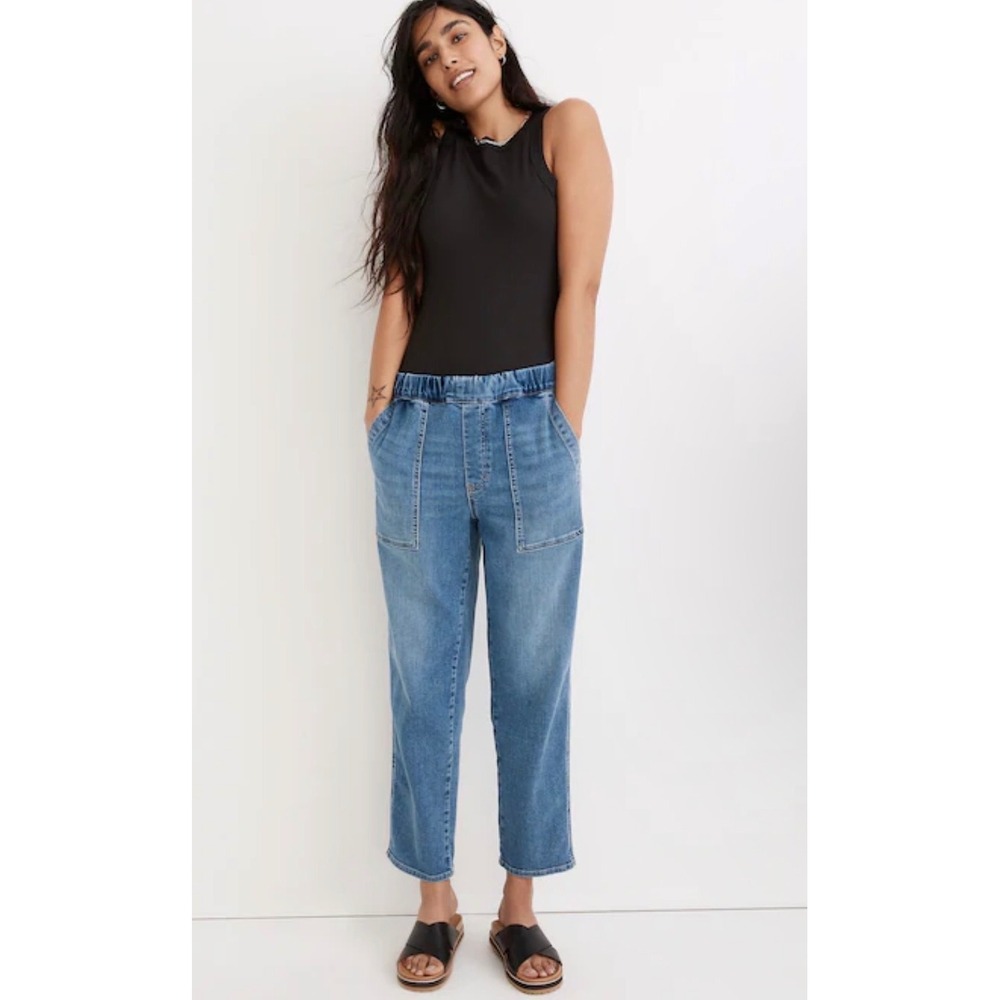 Madewell Pull-On Relaxed Tapered Jeans Light Wash Blue Elastic Waist Small‎
